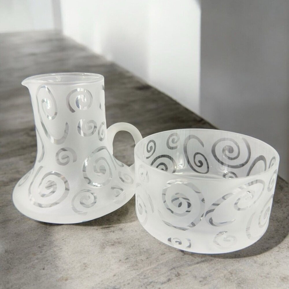 Art Glass Clear Open Creamer And Sugar Set Frosted Swirls Signed Hand Made Glass